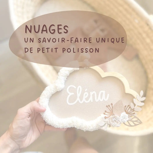 Nuage décoratif personnalisé Petit Polisson, en couleurs neutres, idéal pour une chambre de bébé tendance et comme cadeau de naissance artisanal.