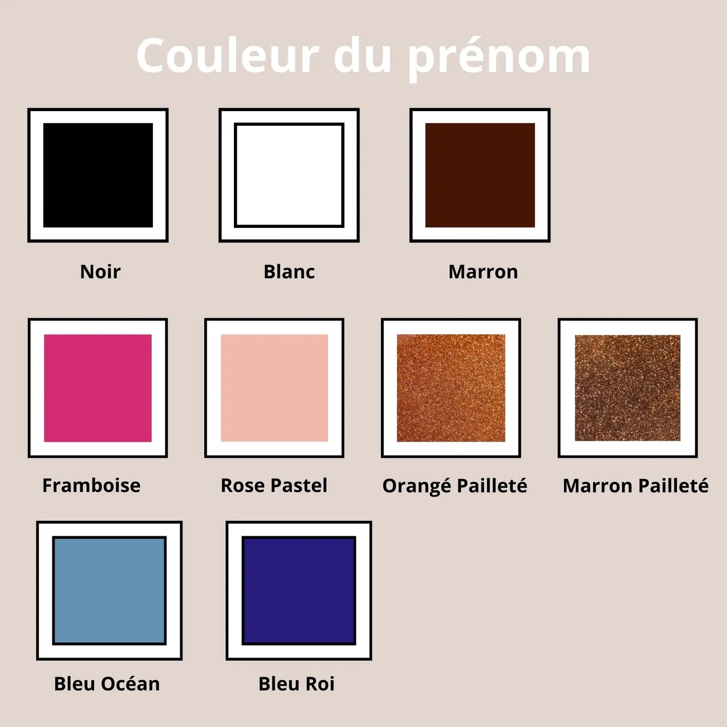 Nuancier de couleurs de thermocollant pour personnaliser le prénom sur la carte de naissance en bois, choix variés et élégants.