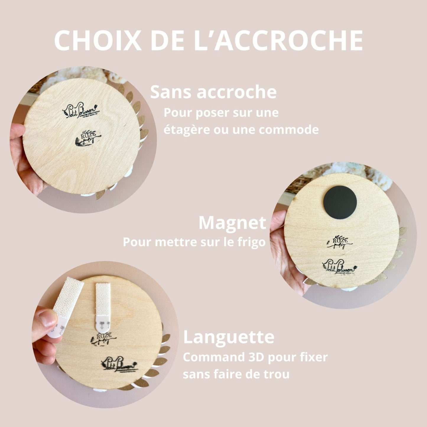 Options d'accroche pour la carte étape de naissance en bois personnalisée pour bébé.