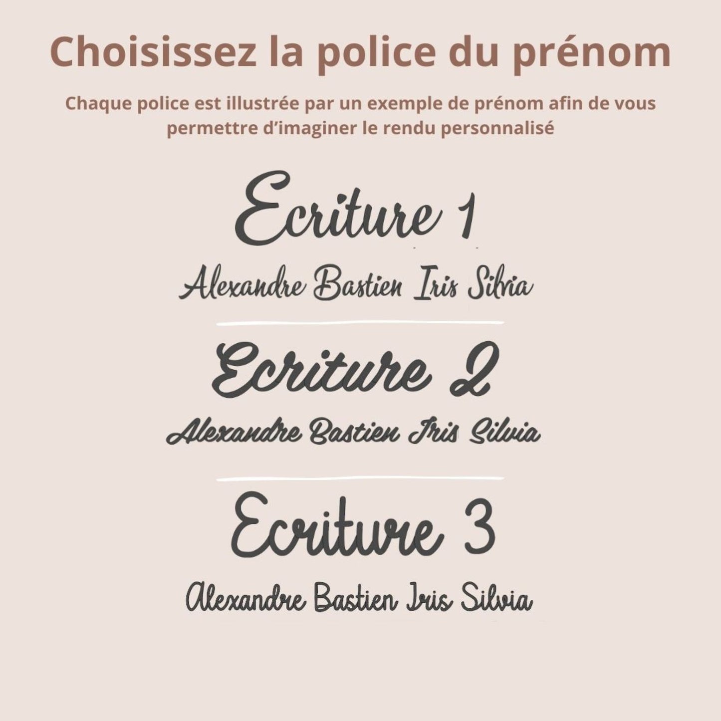 Exemples de polices d’écriture pour prénom personnalisé sur les créations bébé Petit Polisson.