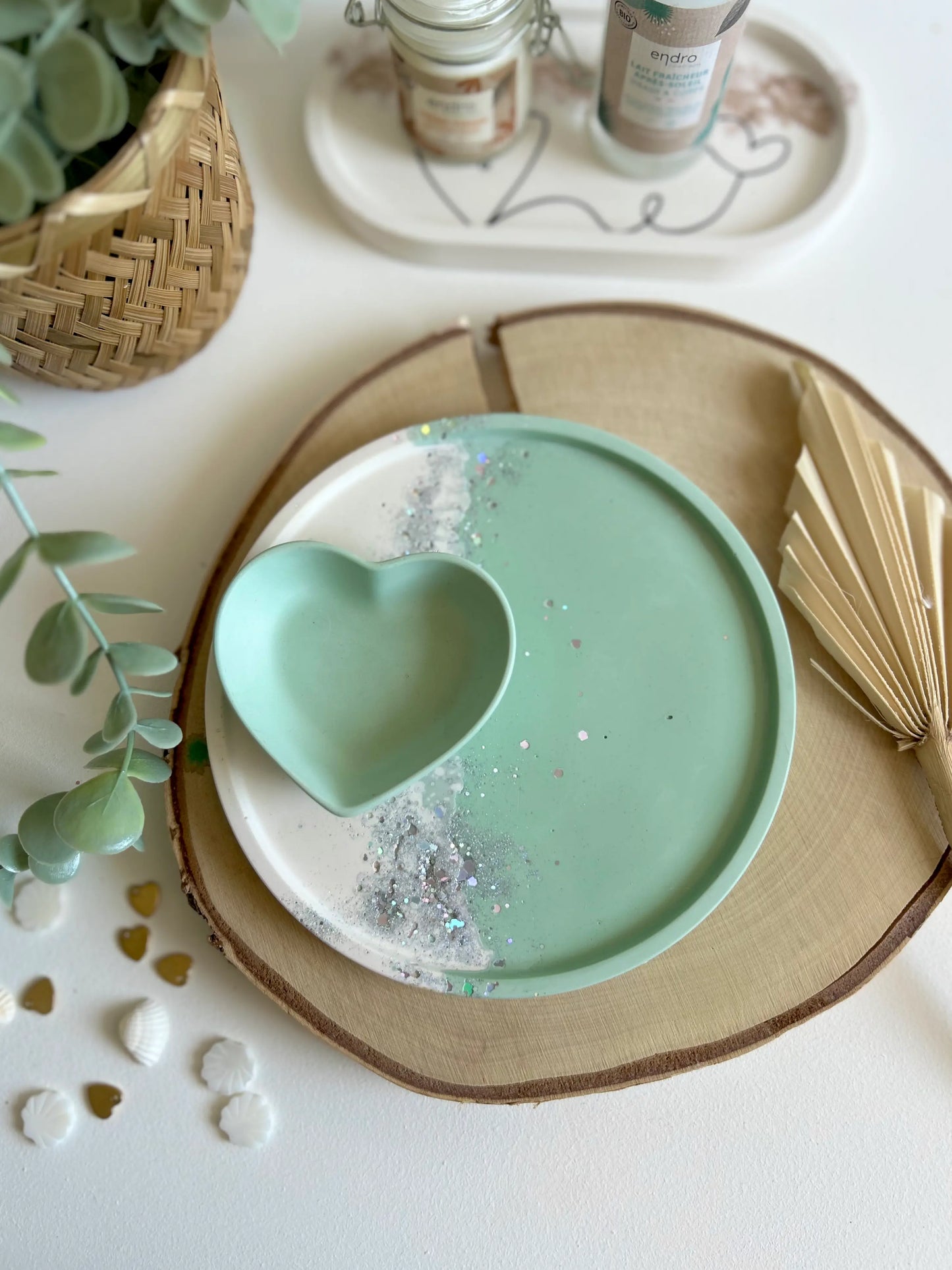 Plateau rond et coupelle coeur - Menthe