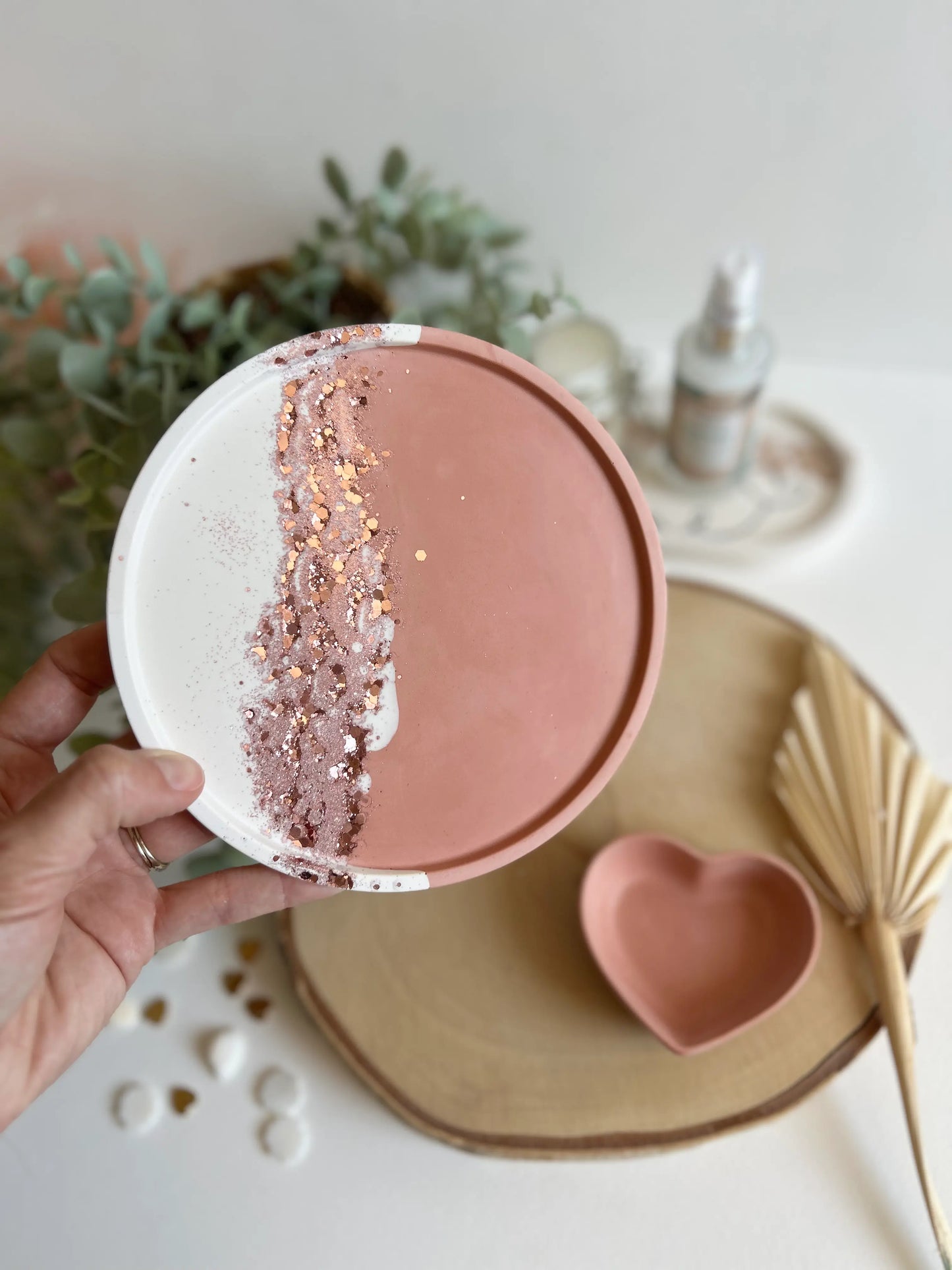 Plateau rond et coupelle coeur - Vieux rose