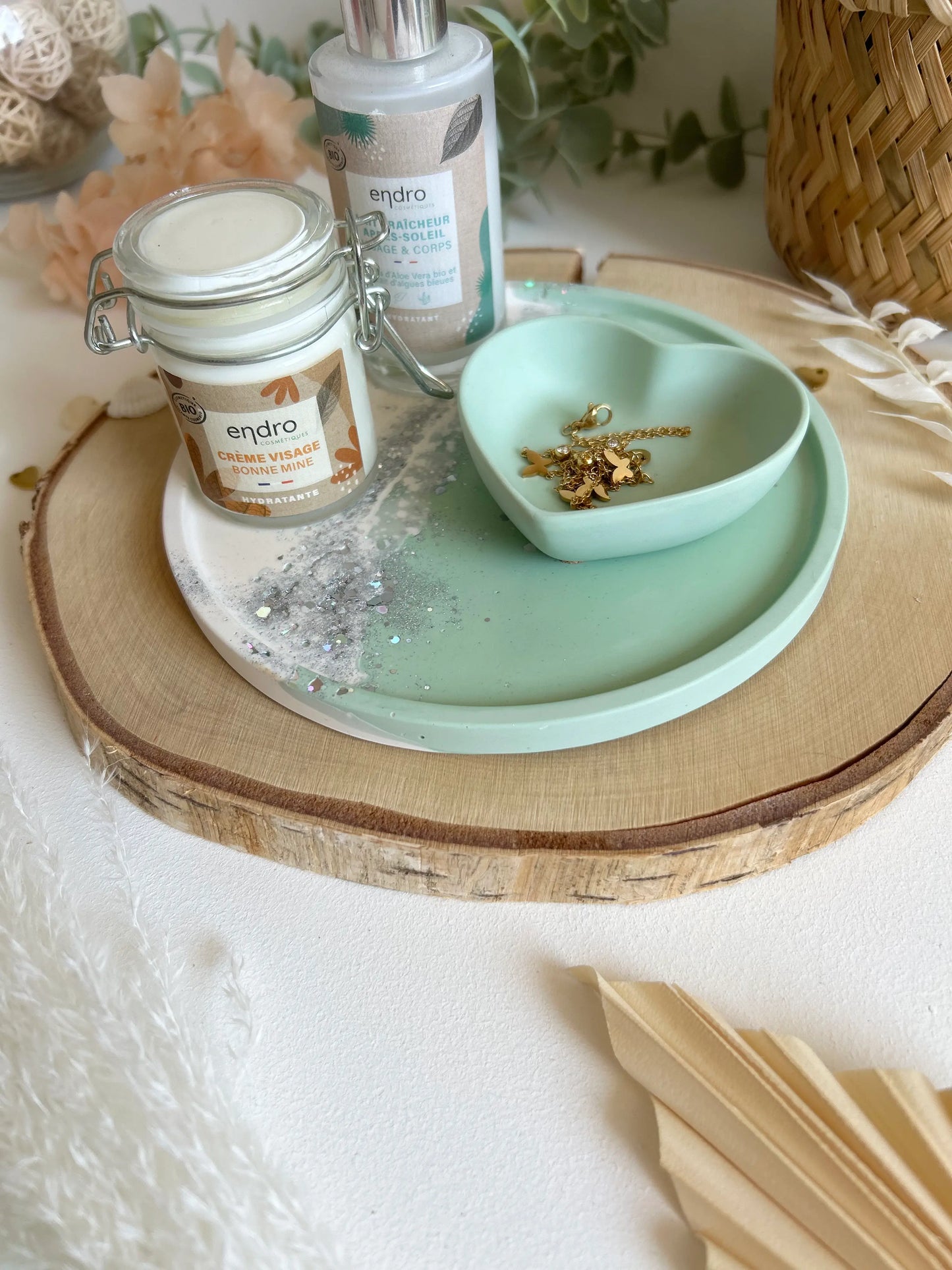 Plateau rond et coupelle coeur - Menthe