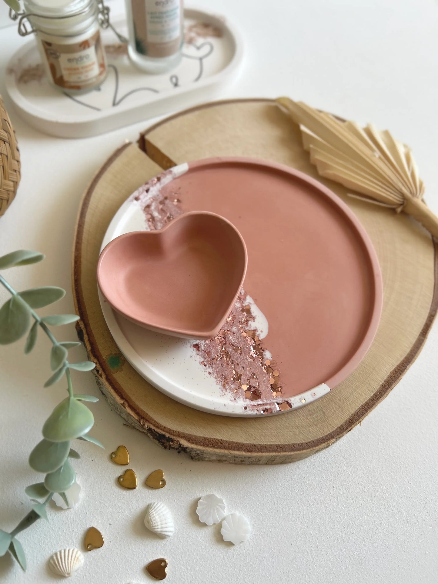 Plateau rond et coupelle coeur - Vieux rose
