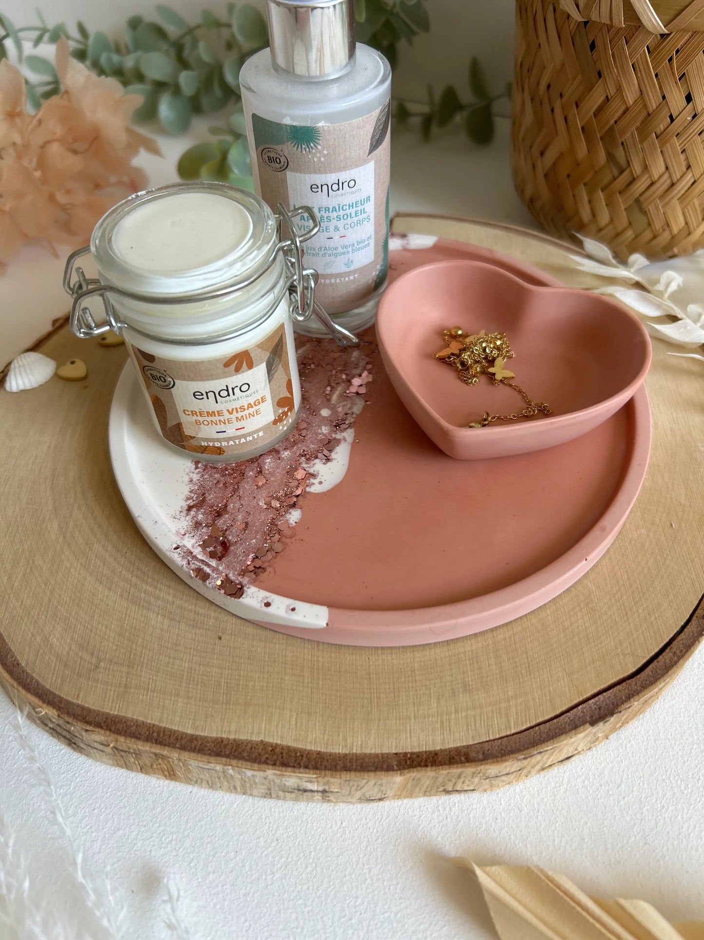 Plateau rond et coupelle coeur - Vieux rose