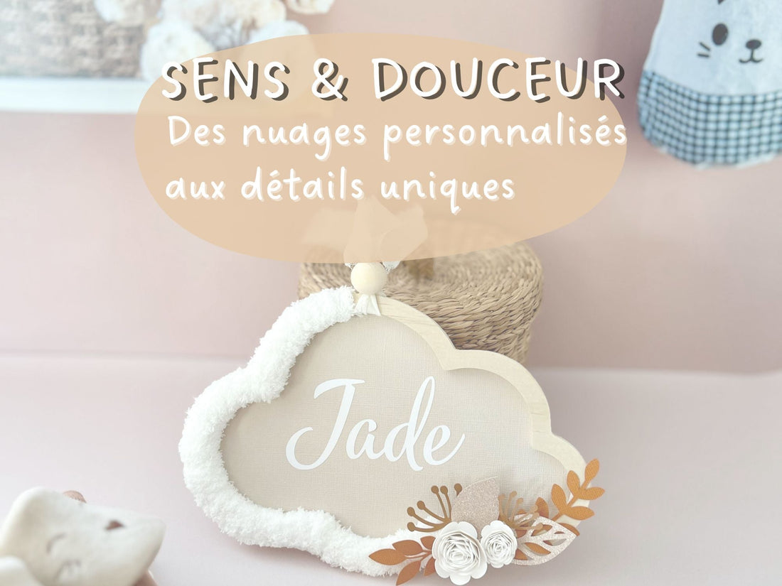 Nuage de décoration murale personnalisé Petit Polisson avec fleurs en papier cartonné et prénom vinyle pour chambre de bébé.