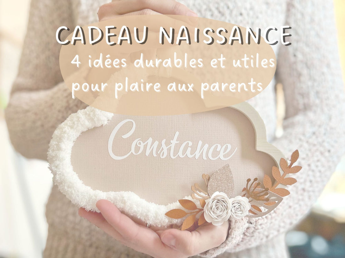 Idée cadeau naissance utile et durable artisanal fait main à Hyères, composé d'un nuage personnalisé en bois et laine avec fleurs sans pesticides et accessoires textiles en coton.