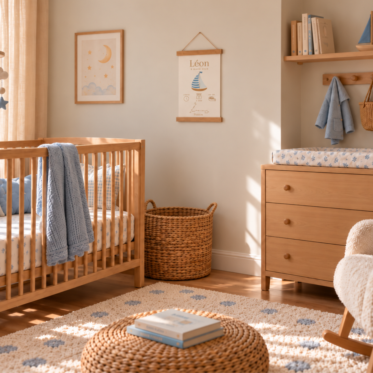 Affiche de naissance personnalisée garçon suspendue avec une baguette en bois dans une chambre de bébé bleu et beige