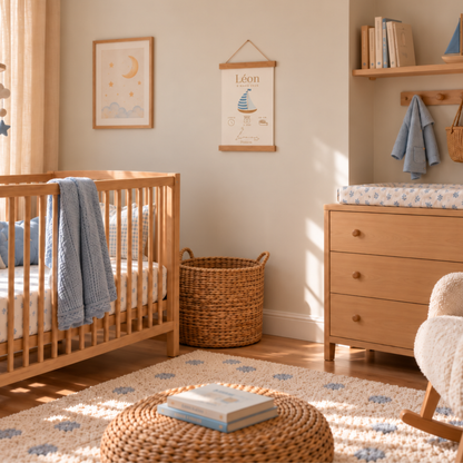 Affiche de naissance personnalisée garçon suspendue avec une baguette en bois dans une chambre de bébé bleu et beige