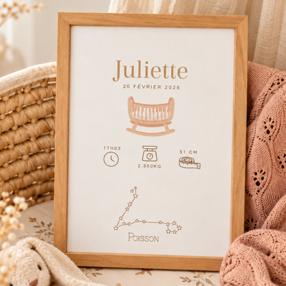 Affiche de naissance personnalisée avec prénom, date, heure, poids, taille et constellation dans un cadre en bois
