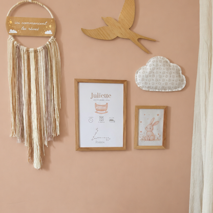 Affiche naissance personnalisée avec informations de bébé dans une composition murale rose poudré