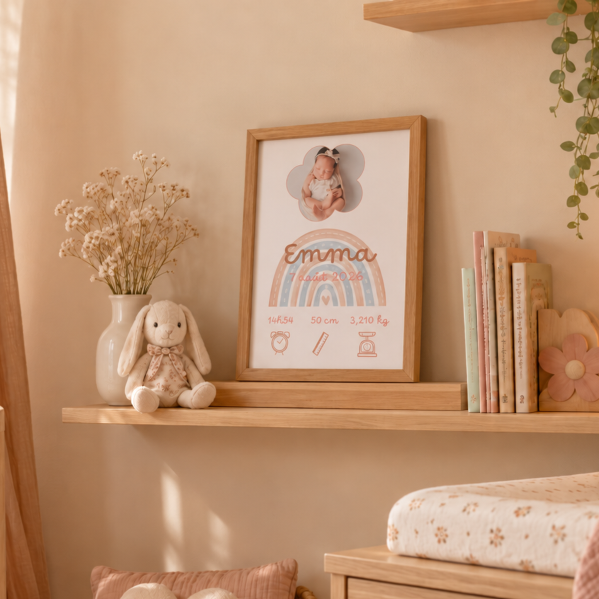 Affiche naissance avec photo, prénom et informations de bébé présentée dans un cadre en bois sur une étagère pour décorer la chambre de l'enfant
