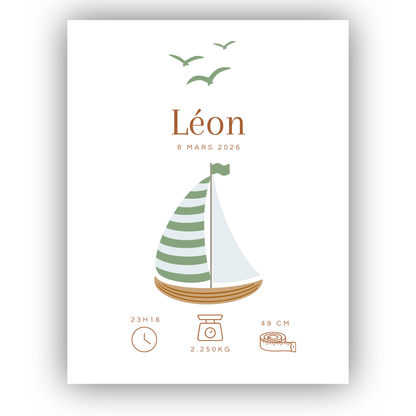 Affiche naissance personnalisée avec prénom, date, heure, poids et taille de bébé, motif voilier vert sauge pour ambiance chambre mer