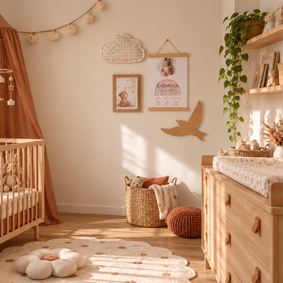 Affiche de naissance personnalisée avec photo du nouveau-né dans une chambre de bébé fille aux tons beige et terracotta