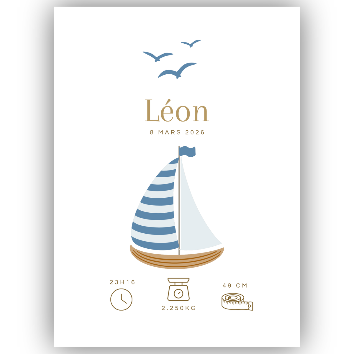cadeau de naissance original avec affiche de naissance personnalisable avec le prénom du bébé, thème mer avec bateau bleu et mouettes