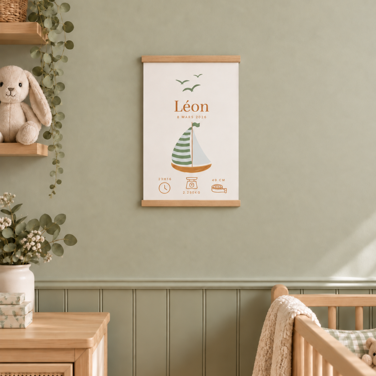 Affiche de naissance garçon motif voilier suspendue avec baguettes magnétiques en bois, thème bateau et mer