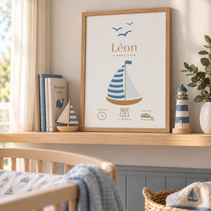 affiche de naissance avec prénom de bébé, date de naissance, heure, poids et taille, illustration bateau bleu, posée sur une étagère dans la chambre de bébé.