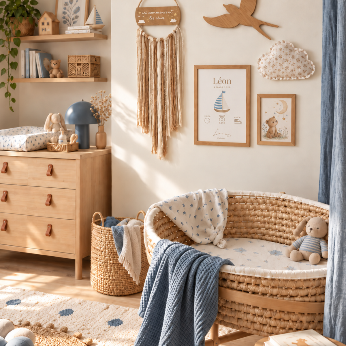 Affiche personnalisée avec prénom et informations de naissance dans une chambre de bébé garçon aux tons bleu et naturel esprit marin