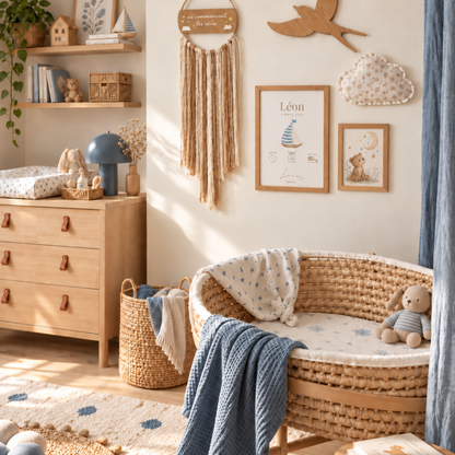 Affiche personnalisée avec prénom et informations de naissance dans une chambre de bébé garçon aux tons bleu et naturel esprit marin