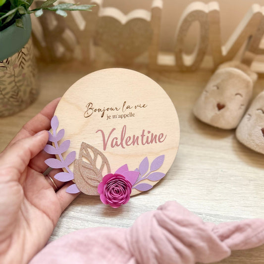 Carte en Bois Annonce Prénom - Fleurs Roses