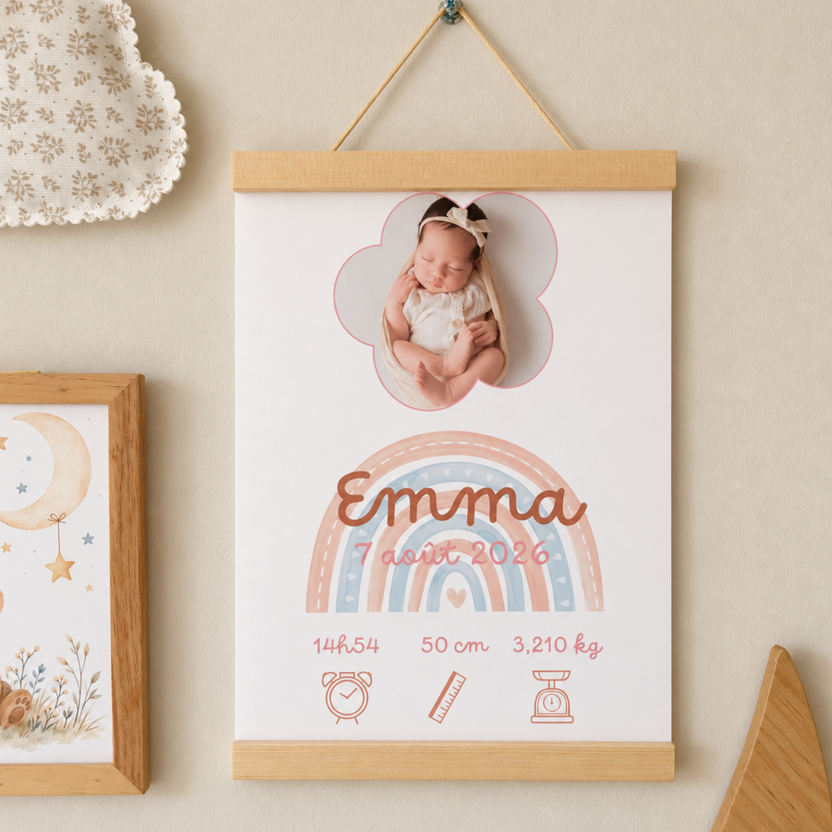 Affiche de naissance personnalisée avec photo bébé, prénom, date de naissance, heure, taille et poids, motif arc-en-ciel bohème