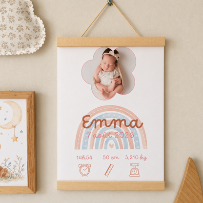 Affiche de naissance personnalisée avec photo bébé, prénom, date de naissance, heure, taille et poids, motif arc-en-ciel bohème