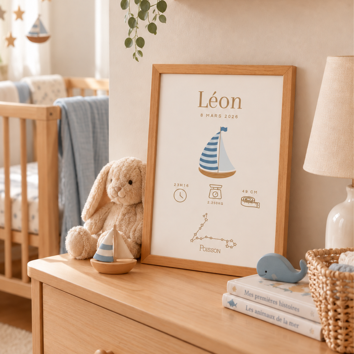 Affiche de naissance personnalisée motif voilier esprit mer, posée dans une chambre de bébé garçon près du lit