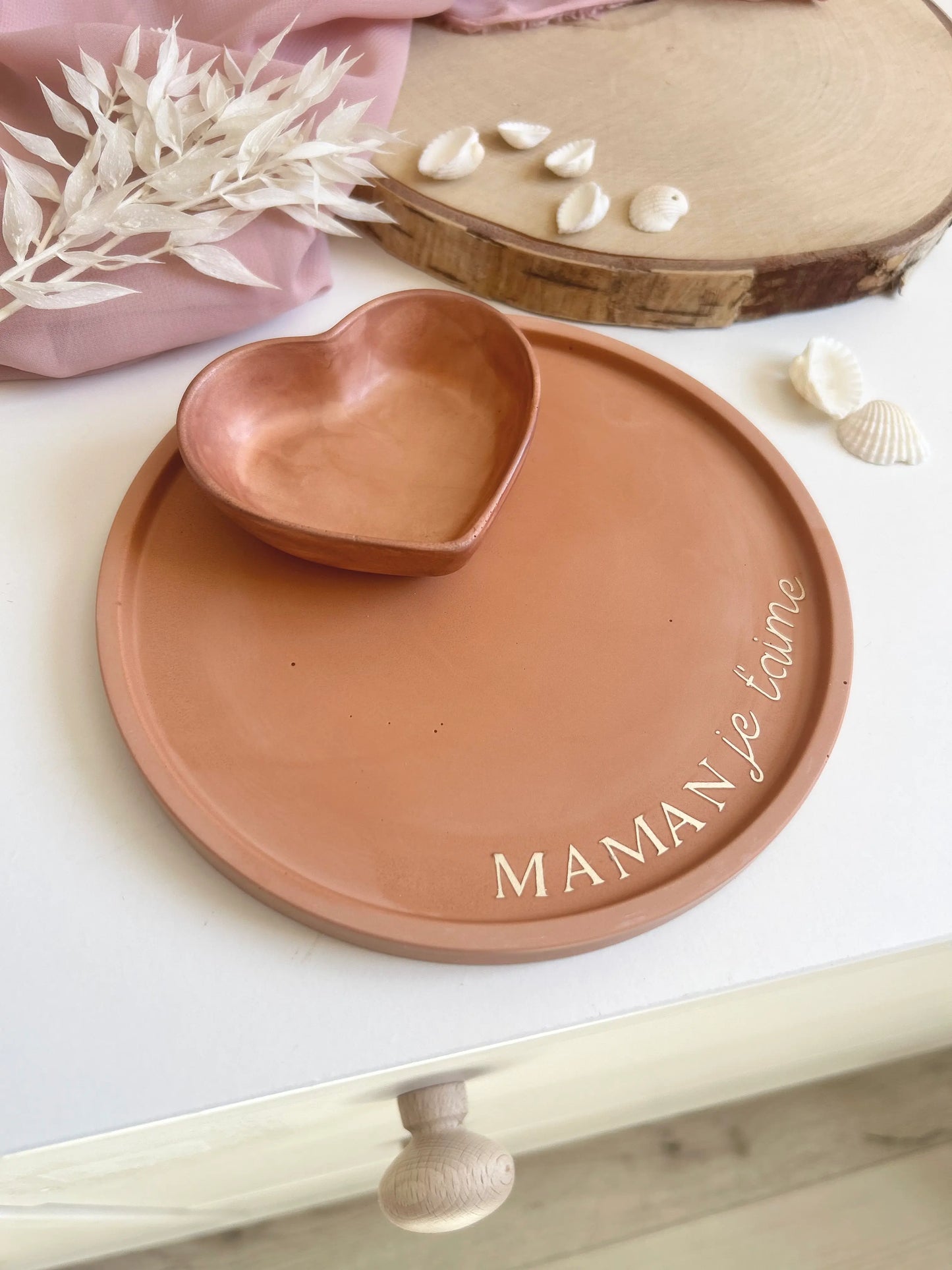 Plateau rond et coupelle coeur spécial maman - Terracotta