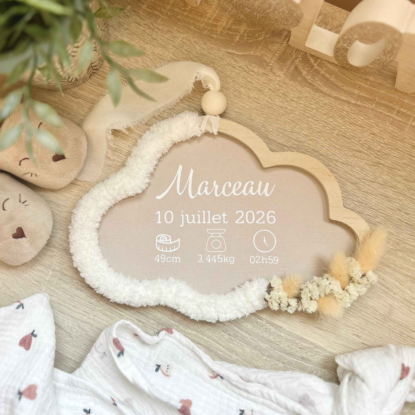 Nuage Date de Naissance - Ecru Fleurs Séchées