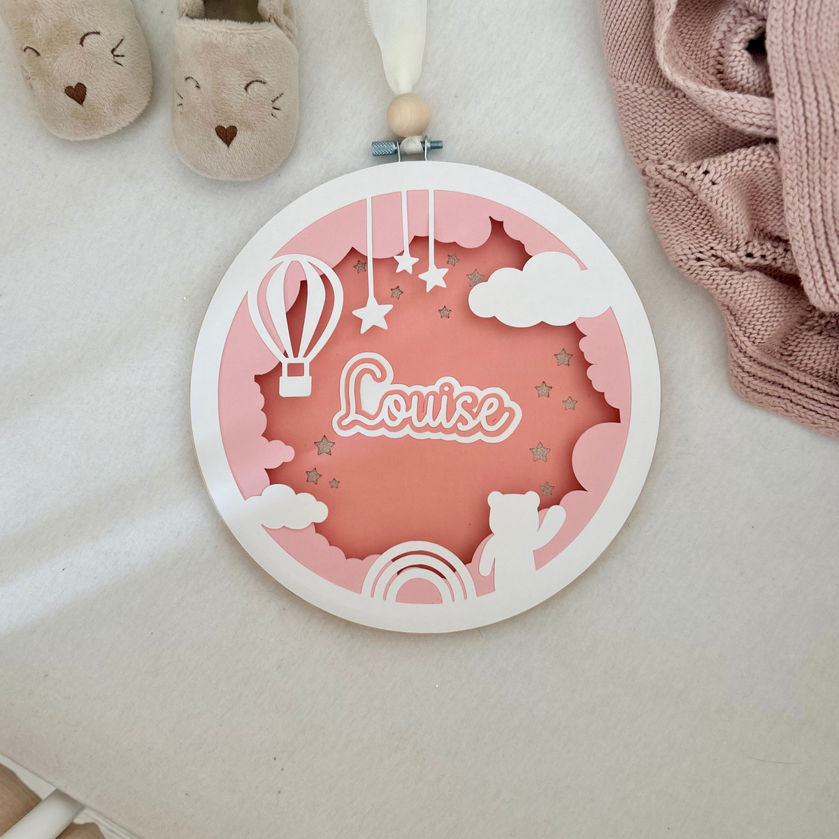 Cadre Prénom Relief Rose - Ciel & Montgolfière