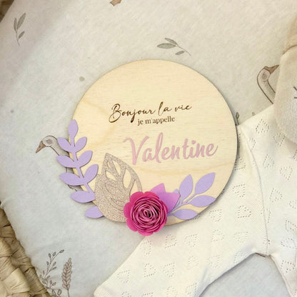 Carte en Bois Annonce Prénom - Fleurs Roses