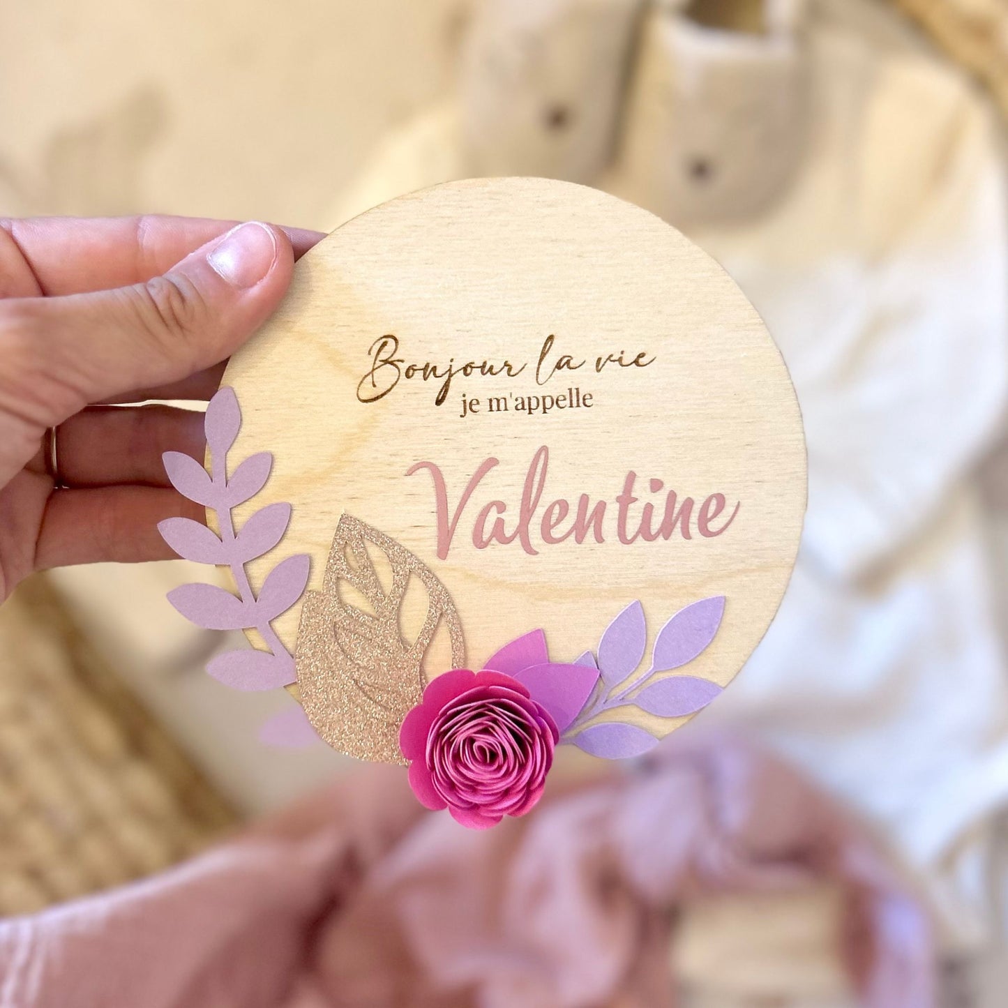 Carte en Bois Annonce Prénom - Fleurs Roses