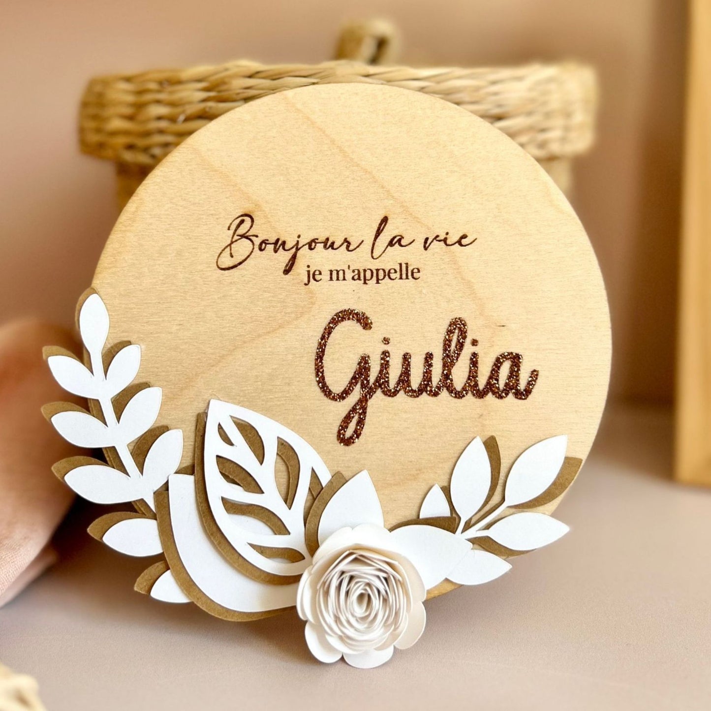 Carte de naissance fleurs marron et écru "Giulia"