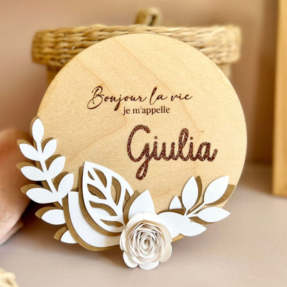 Carte de naissance fleurs marron et écru "Giulia"
