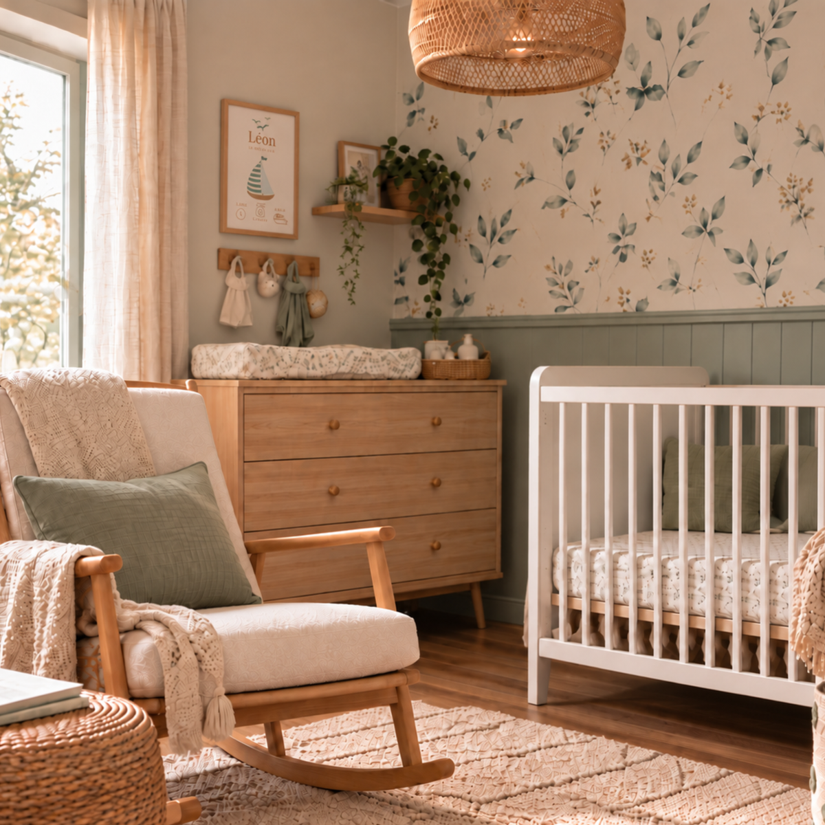 Chambre de bébé garçon aux tons vert sauge, beige et bois avec affiche de naissance personnalisée motif voilier