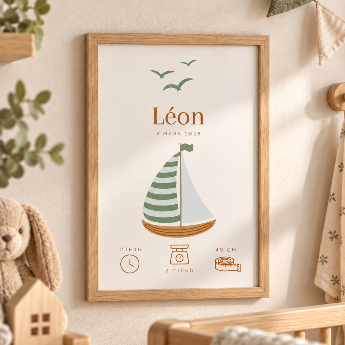 Affiche de naissance personnalisée garçon avec prénom et voilier vert sauge dans une chambre de bébé aux tons naturels