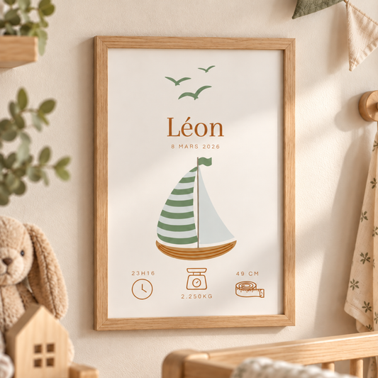 Affiche de naissance personnalisée garçon avec prénom et voilier vert sauge dans une chambre de bébé aux tons naturels
