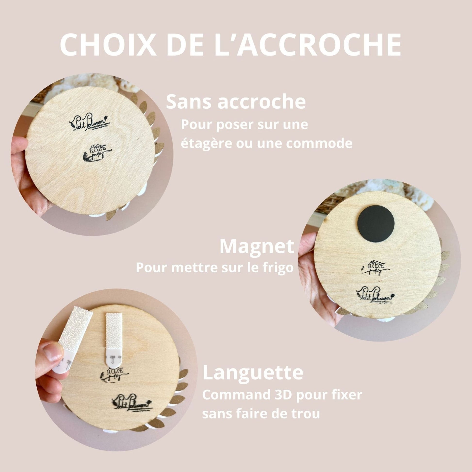 Options d'accroche pour la carte étape de naissance en bois personnalisée pour bébé.
