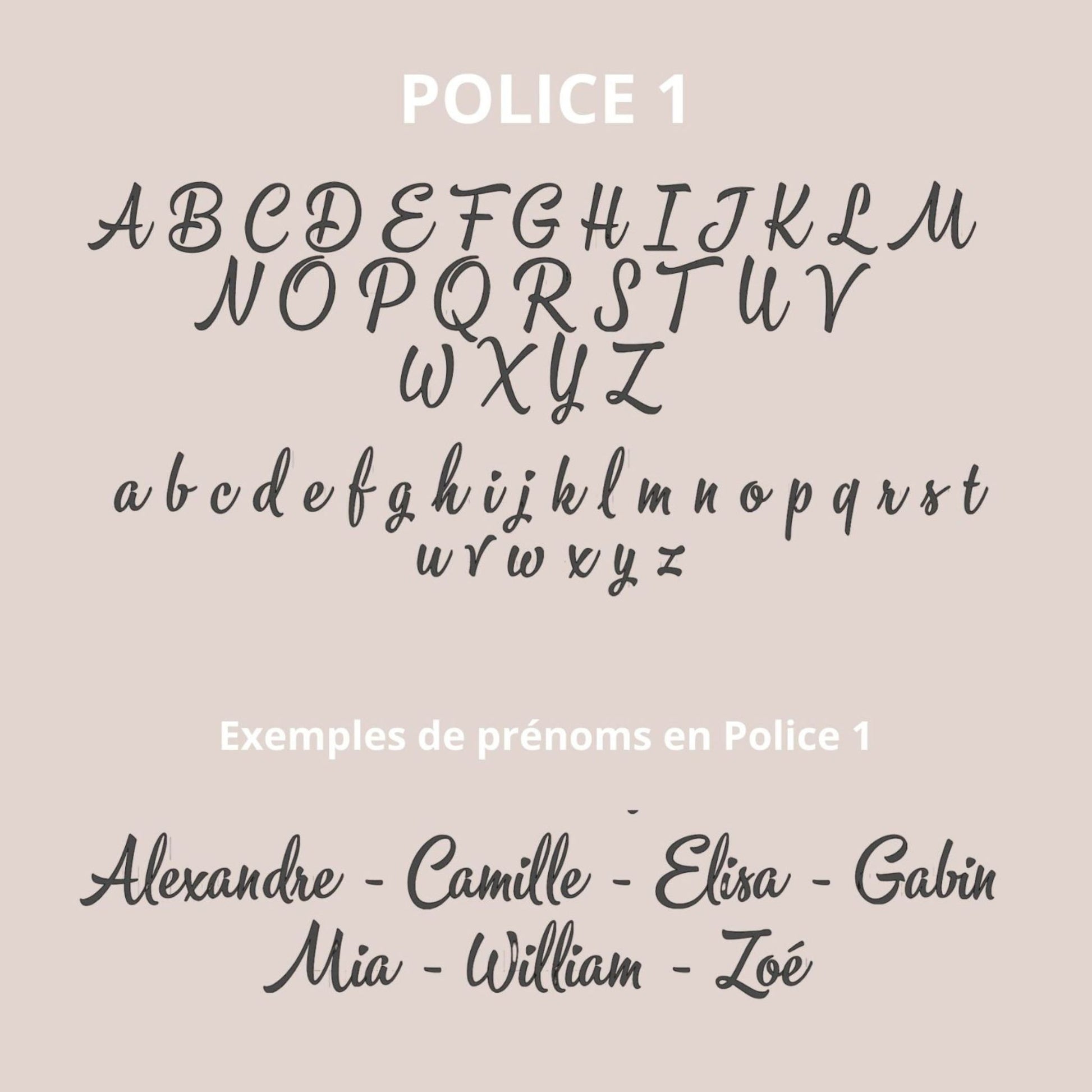 Catalogue des polices d'écriture pour personnalisation de cadeaux Petit Polisson : styles classiques et élégants.