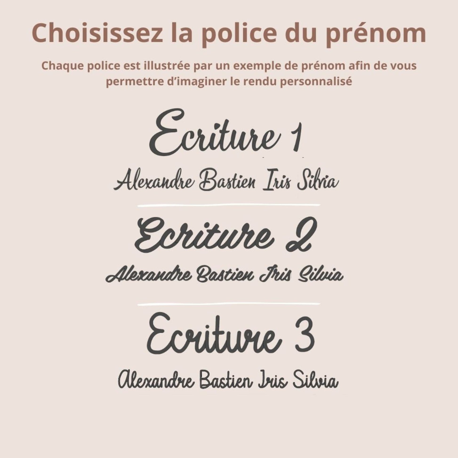 Exemples de polices d’écriture pour prénom personnalisé sur les créations bébé Petit Polisson.