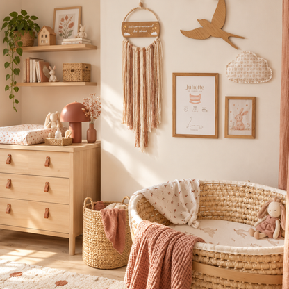 Affiche de naissance personnalisée intégrée à une décoration de chambre bébé aux tons naturels et terracotta, avec attrape-rêves et berceau en rotin