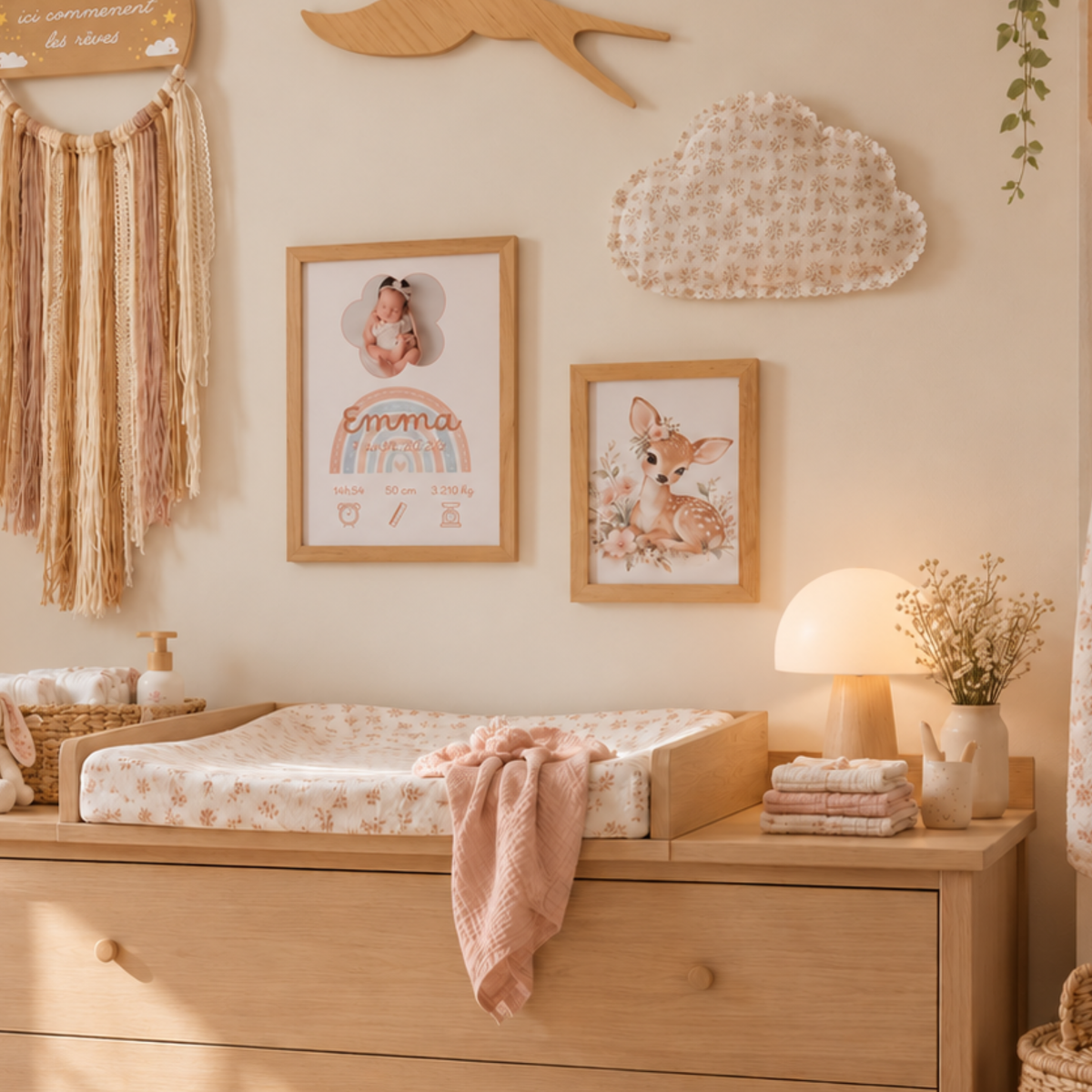 Affiche de naissance arc-en-ciel avec photo intégrée à une décoration de chambre bébé fille au-dessus de la commode.