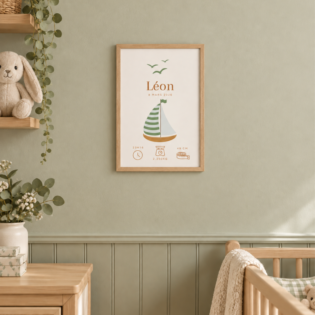 Décoration de chambre bébé garçon avec affiche naissance personnalisée thème marin et voilier vert