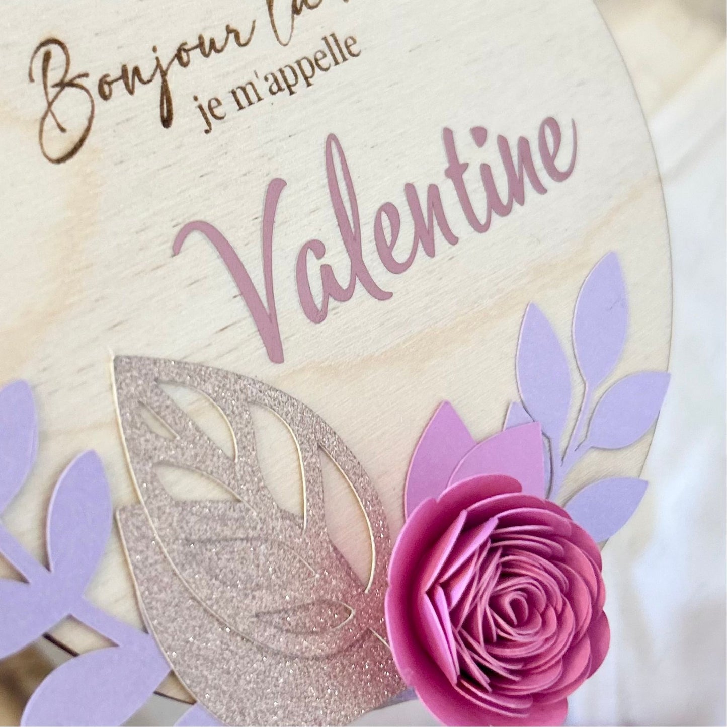 Carte en Bois Annonce Prénom - Fleurs Roses