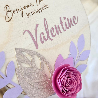 Carte en Bois Annonce Prénom - Fleurs Roses