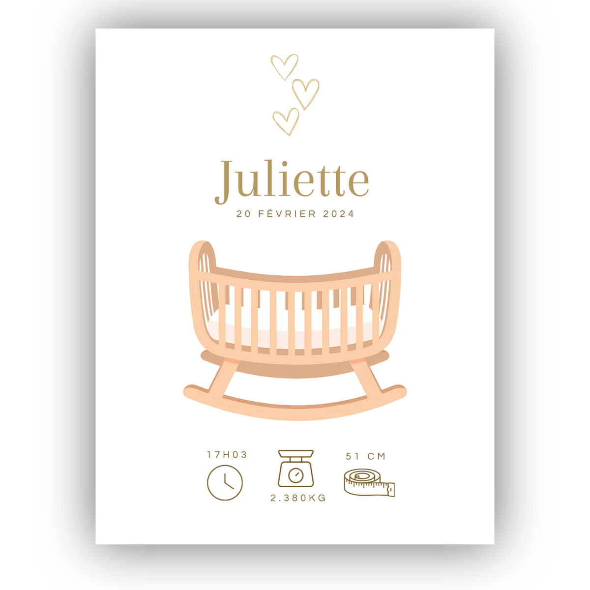 Poster de naissance personnalisé avec prénom, date, heure, poids et taille de bébé, motif berceau et coeurs