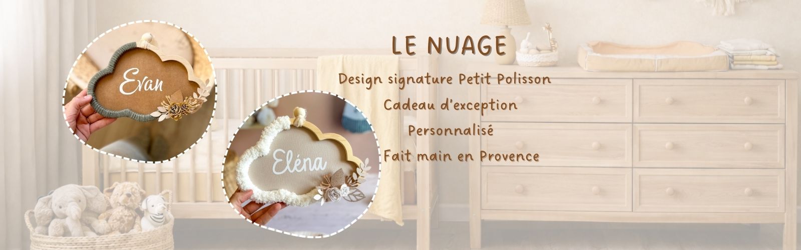 Nuages Petit Polisson personnalisés avec prénom, décoration murale pour chambre de bébé avec fleurs en papier naturel.
