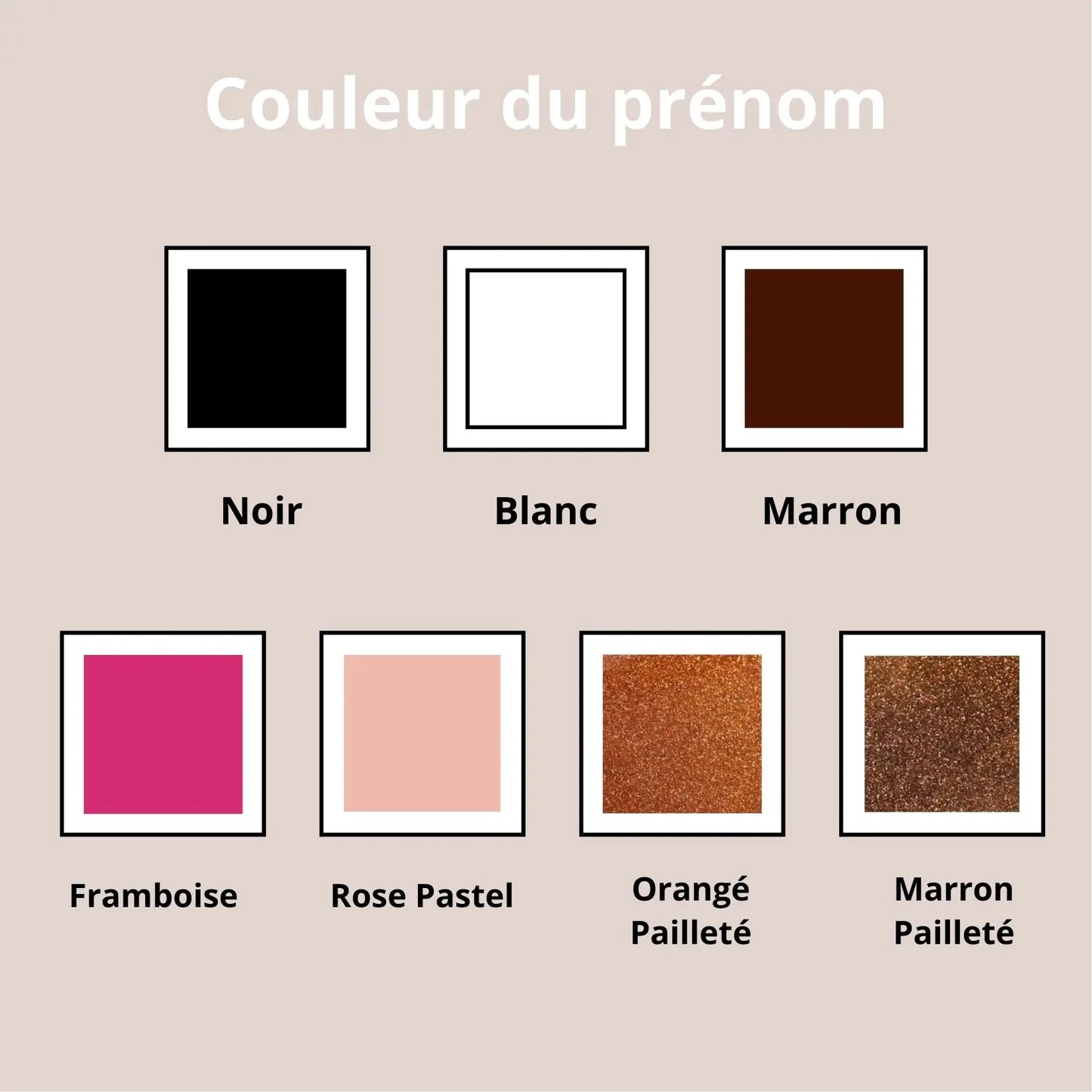 Nuancier de couleurs disponibles pour personnaliser le prénom sur la carte de naissance en bois, choix variés et élégants pour bébé.