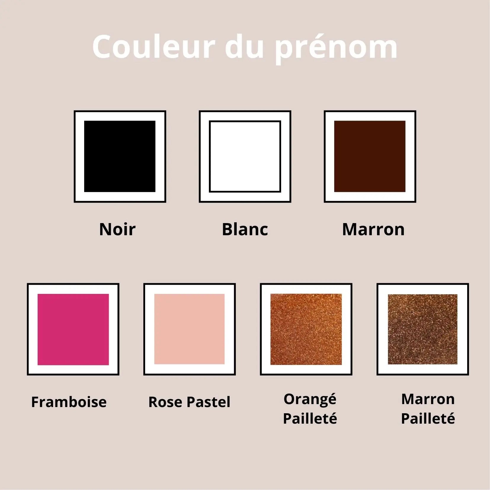 Nuancier de couleurs disponibles pour personnaliser le prénom sur la carte de naissance en bois, choix variés et élégants pour bébé.