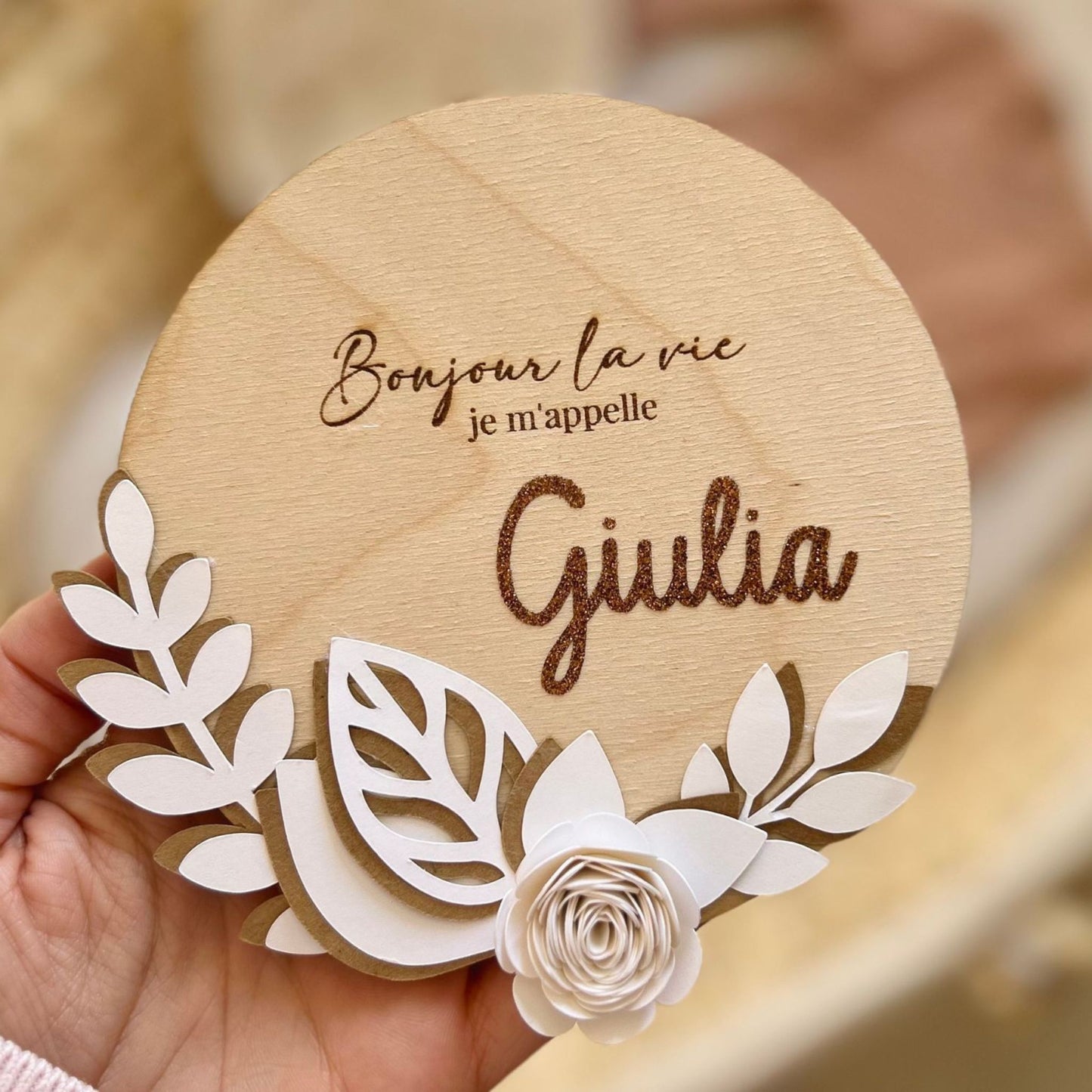 Carte de naissance fleurs marron et écru "Giulia"